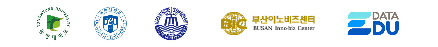 동명대학교, 동의대학교, 국립한국해양대학교, 부산이노비즈센터, 데이터에듀 로고